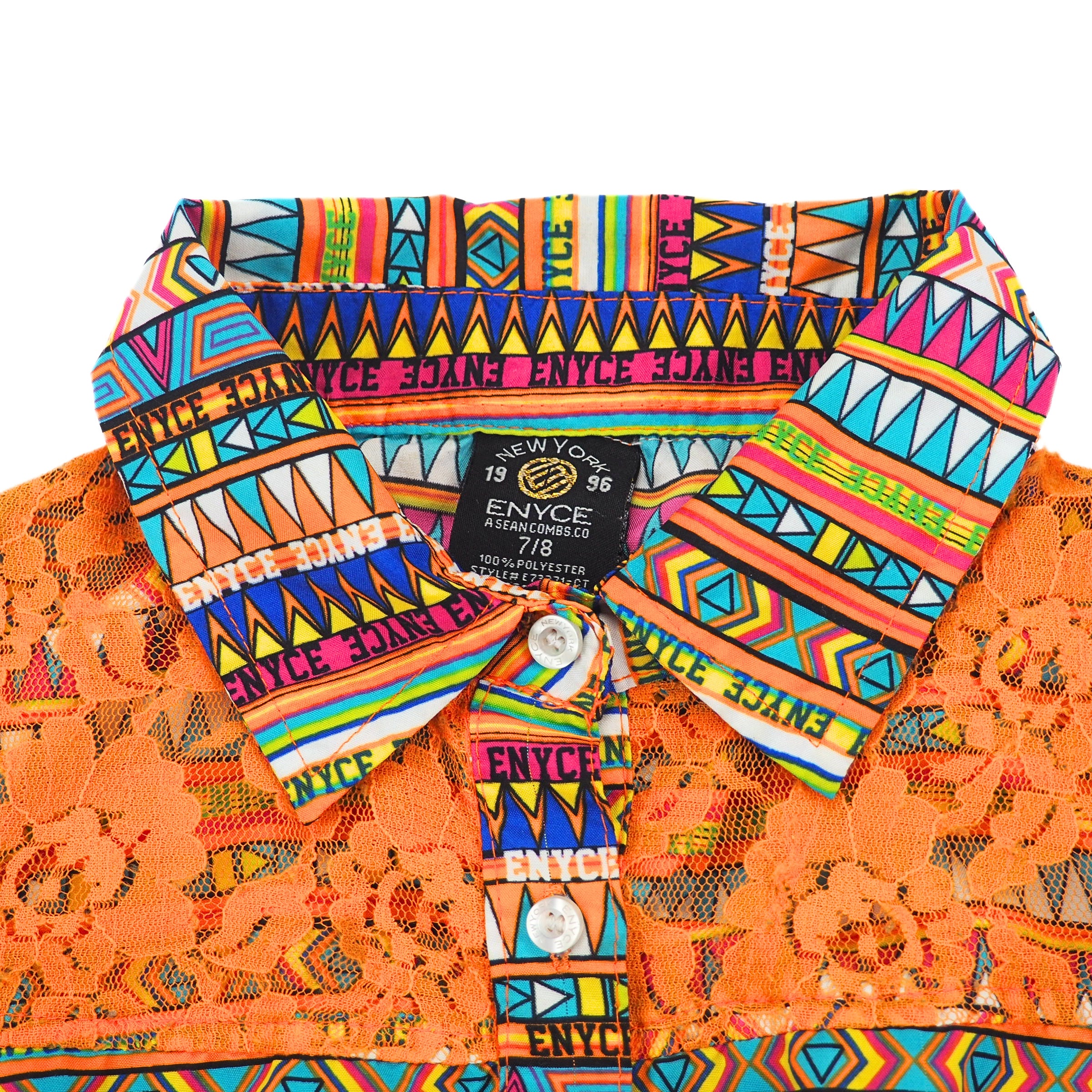 Colorful patterned shirt with a visible brand label on a white background