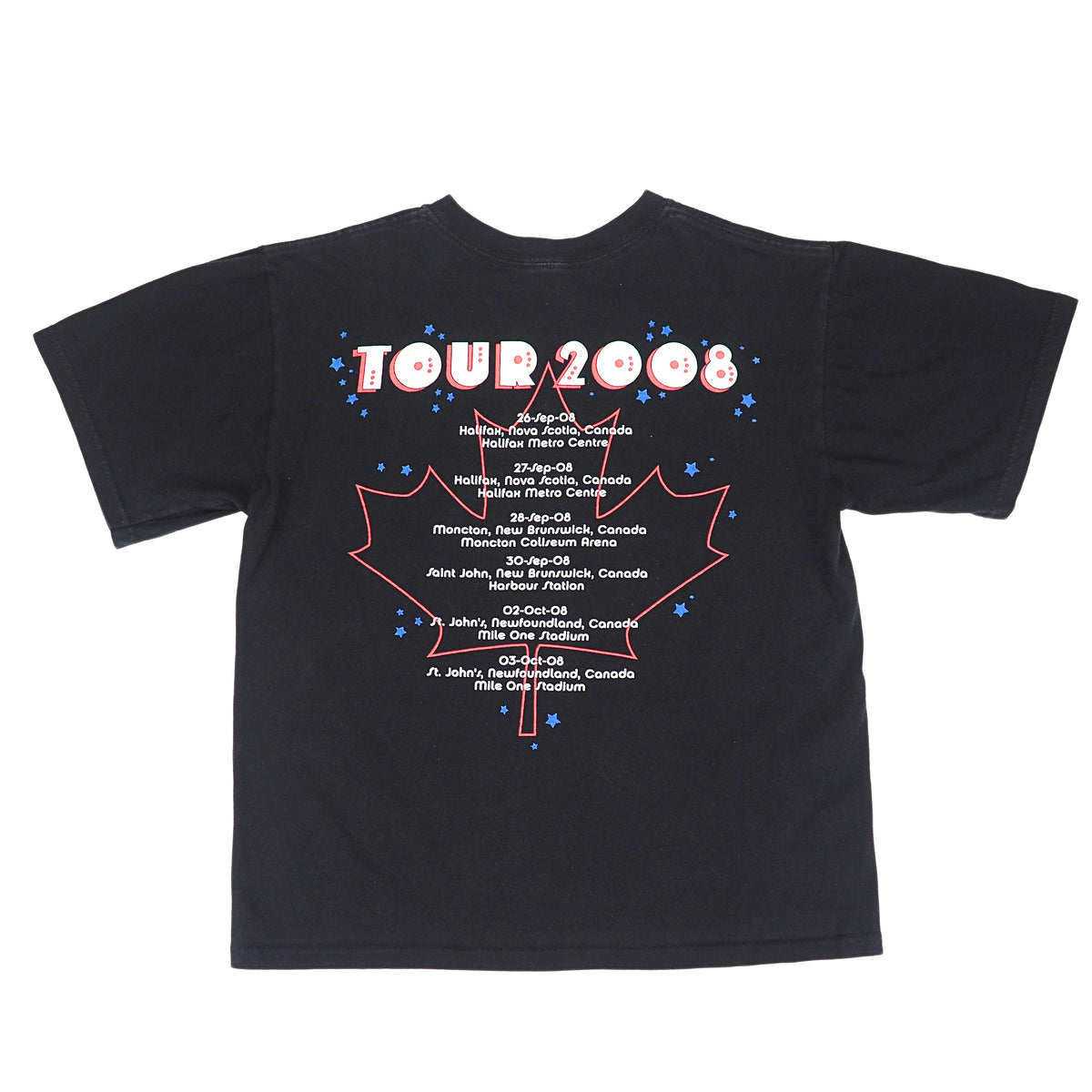 A black short-sleeve t-shirt featuring a 'TOUR 2008' graphic. The design includes a red and white outlined Canadian maple leaf, white event text, and blue star accents, displayed on a solid white background.