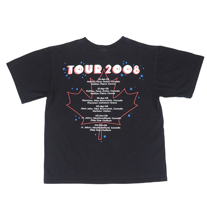 A black short-sleeve t-shirt featuring a 'TOUR 2008' graphic. The design includes a red and white outlined Canadian maple leaf, white event text, and blue star accents, displayed on a solid white background.