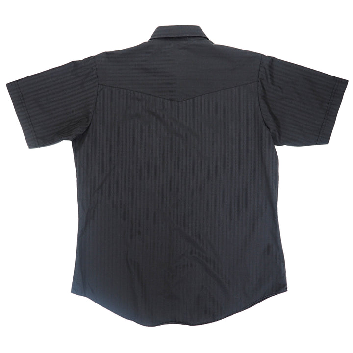 Back view of a black short sleeved shirt with a subtle striped pattern.