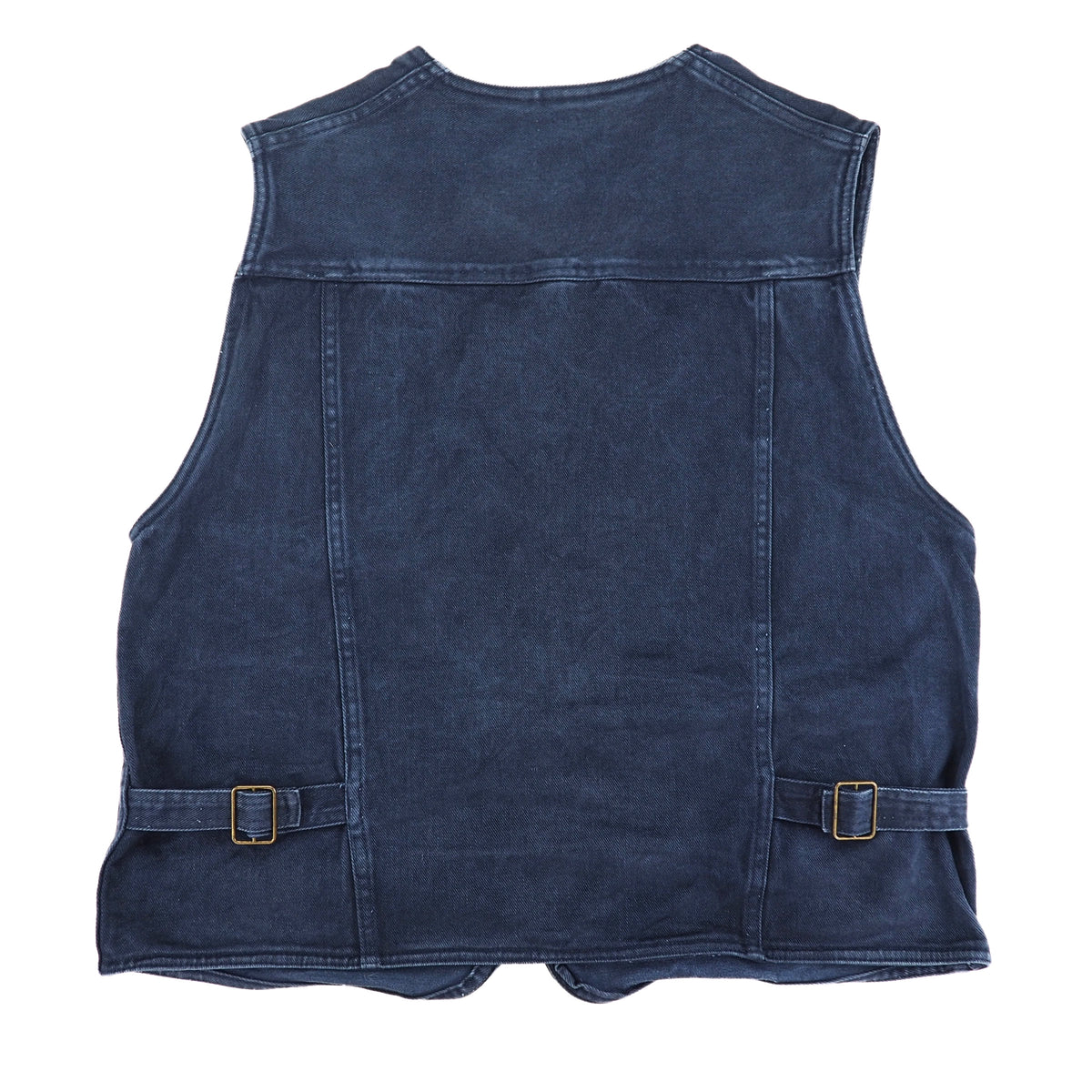 A dark blue denim vest shown from the back, featuring two side straps with gold-tone metal buckles, photographed against a solid white background.