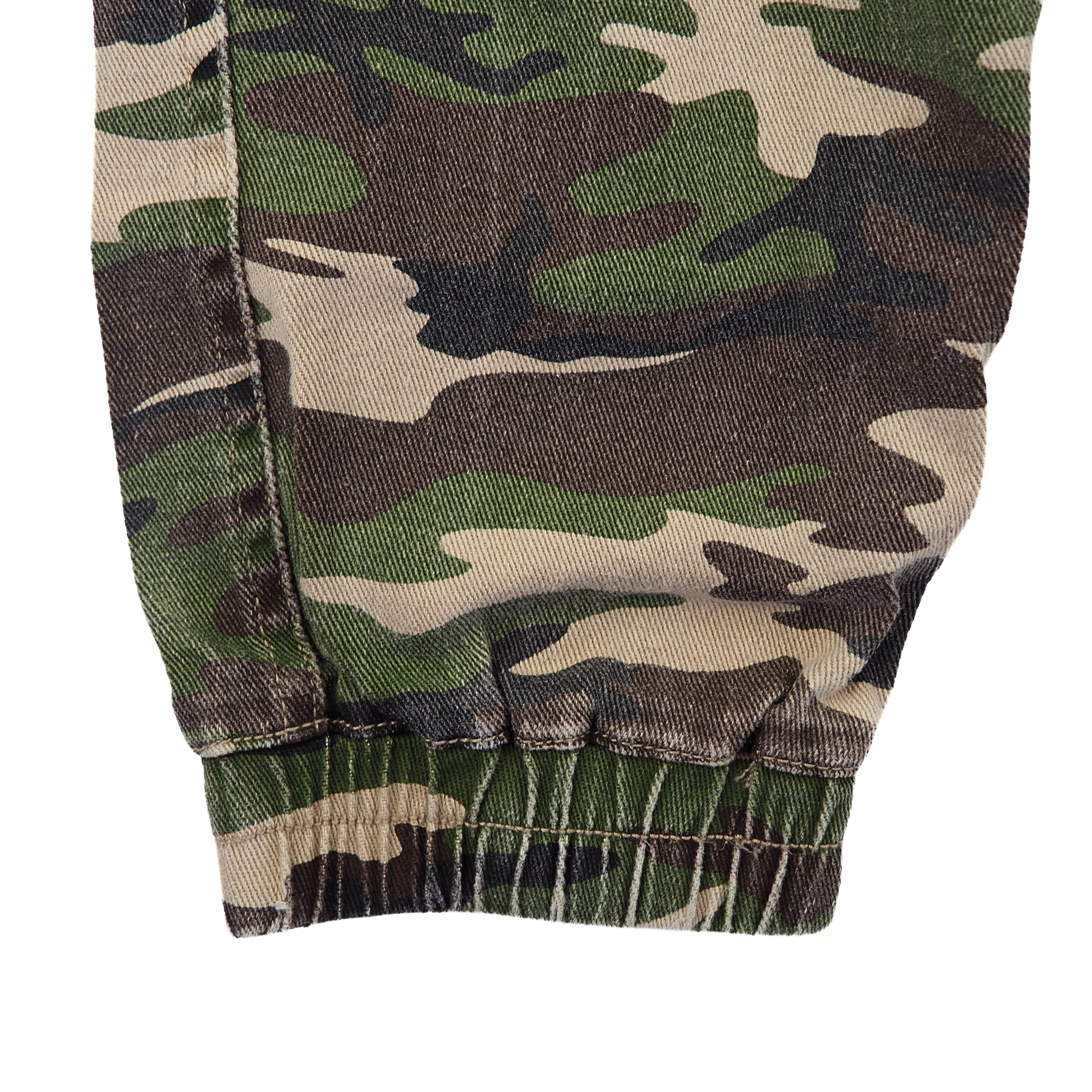Close-up of a camouflage-patterned jogger pant ankle cuff on a white background 