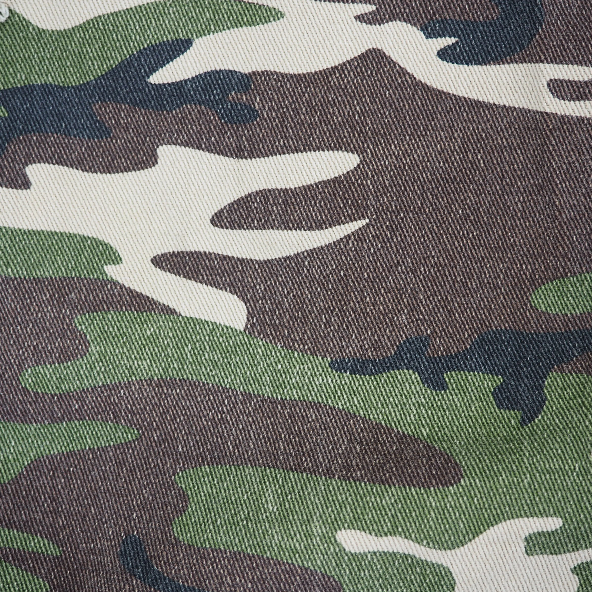 Close-up of camouflage fabric with green, brown, and white pattern