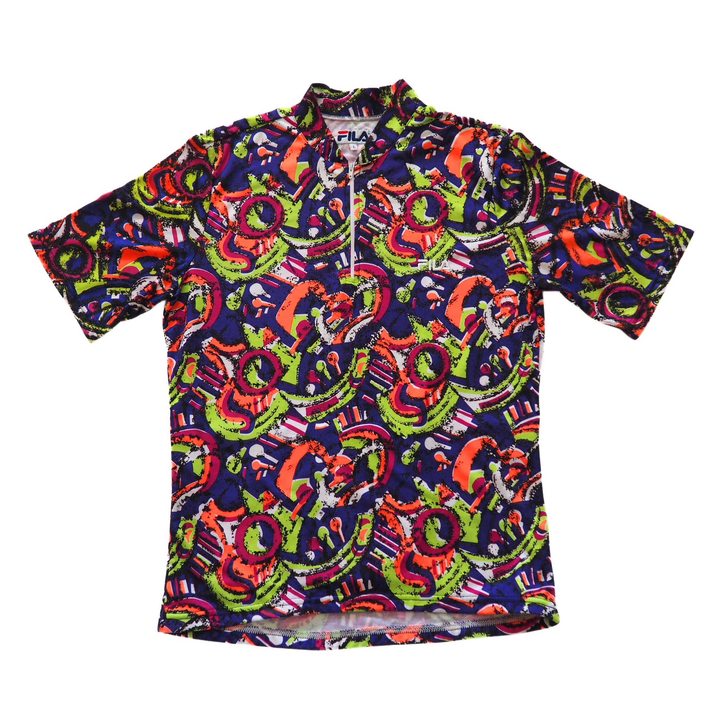Colorful patterned Fila cyling jersey on a white background