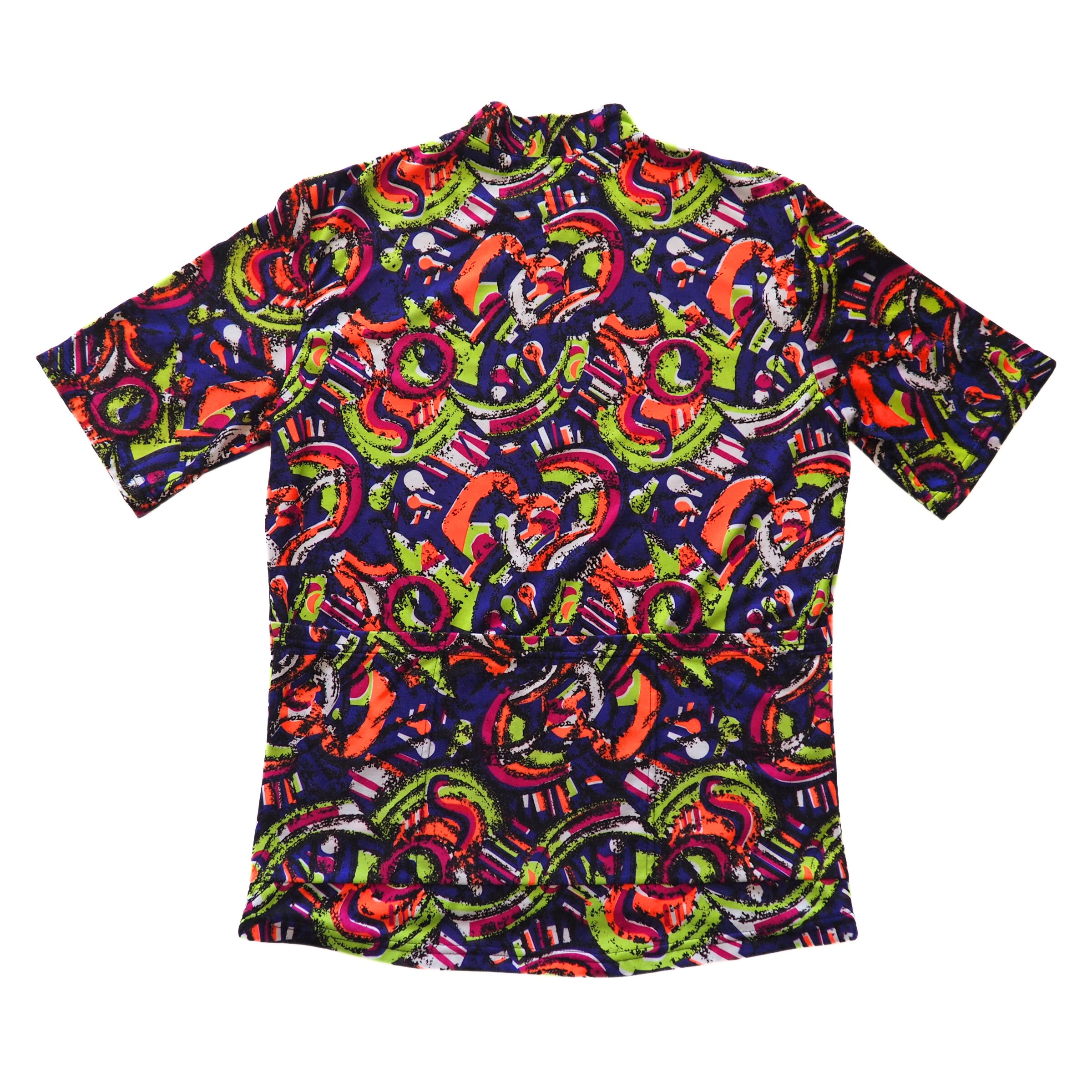 Back view of a colorful patterned Fila cycling jersey on a white background