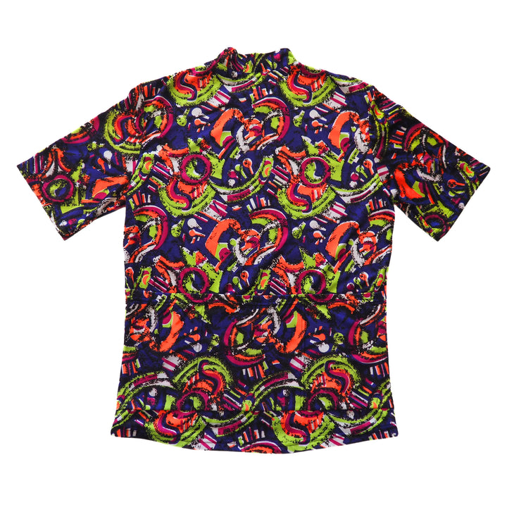 Back view of a colorful patterned Fila cycling jersey on a white background