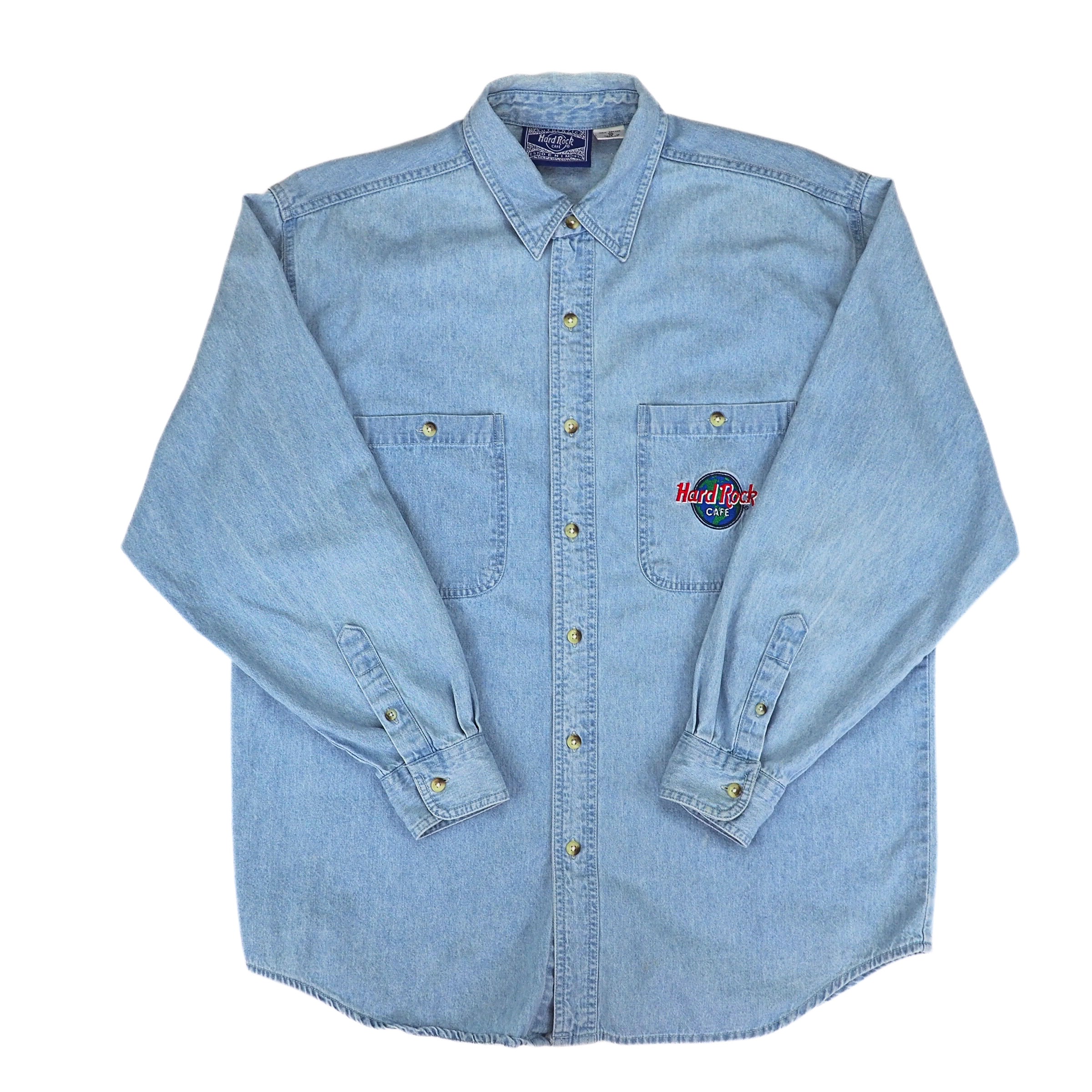 Light blue denim shirt with embroidered Hard Rock Cafe logo on a white background