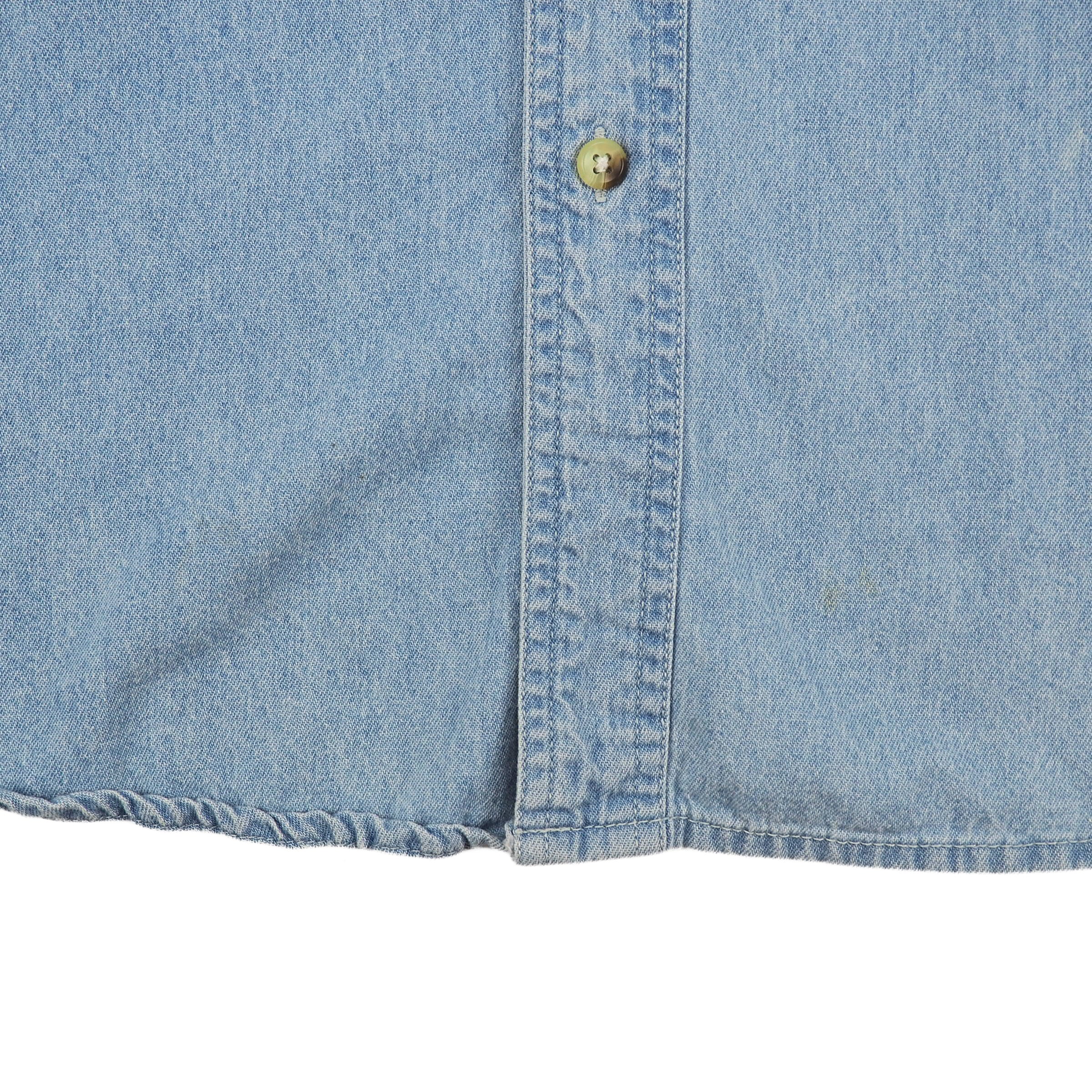Close-up of a blue denim shirt with a tortoiseshell button on a white background
