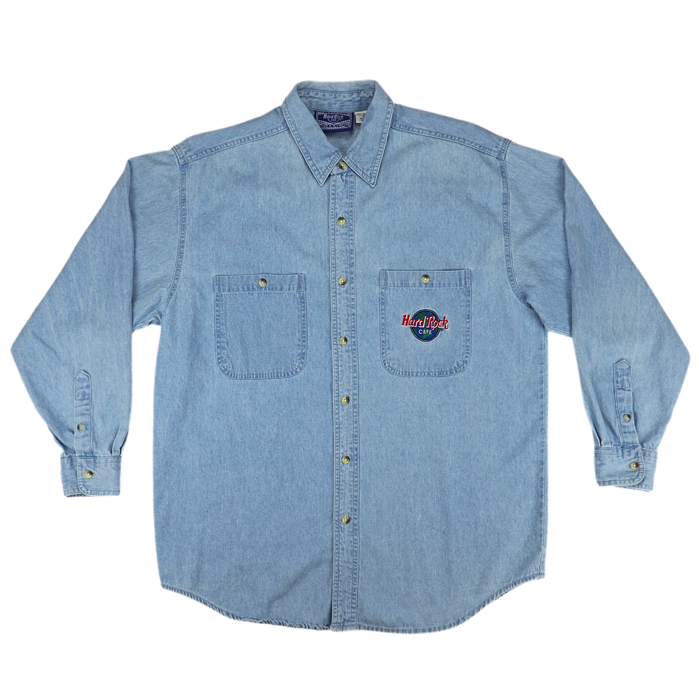 Light blue denim shirt with Hard Rock Cafe logo on breast pocket on a white background