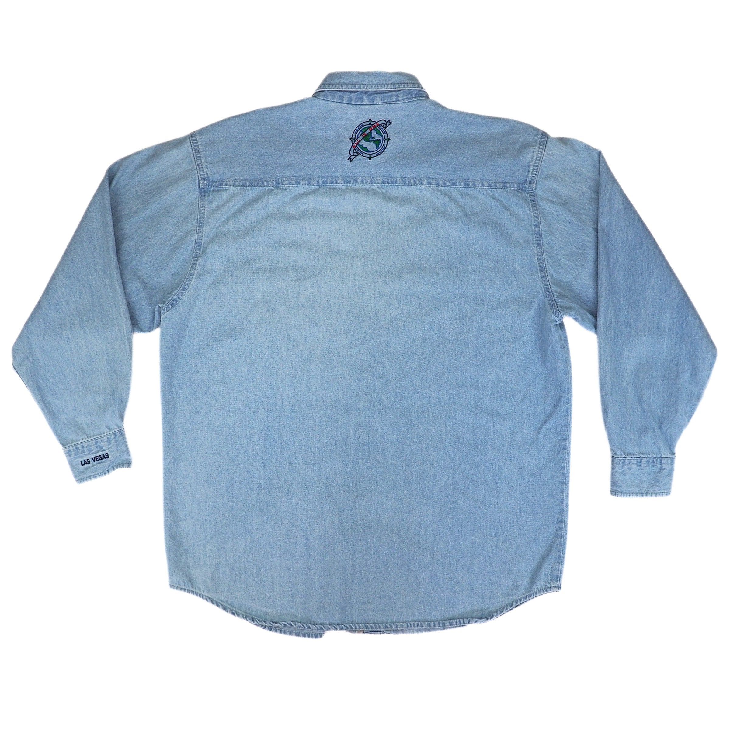 Light blue denim shirt with Hard Rock Cafe logo on the back against a white background