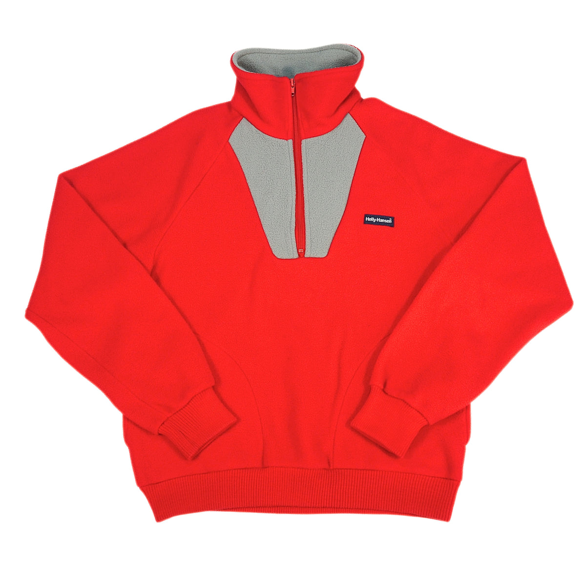 A red quarter-zip sweatshirt with a gray mock neck collar and a gray V-shaped chest panel, featuring a small black and white logo on the left chest.