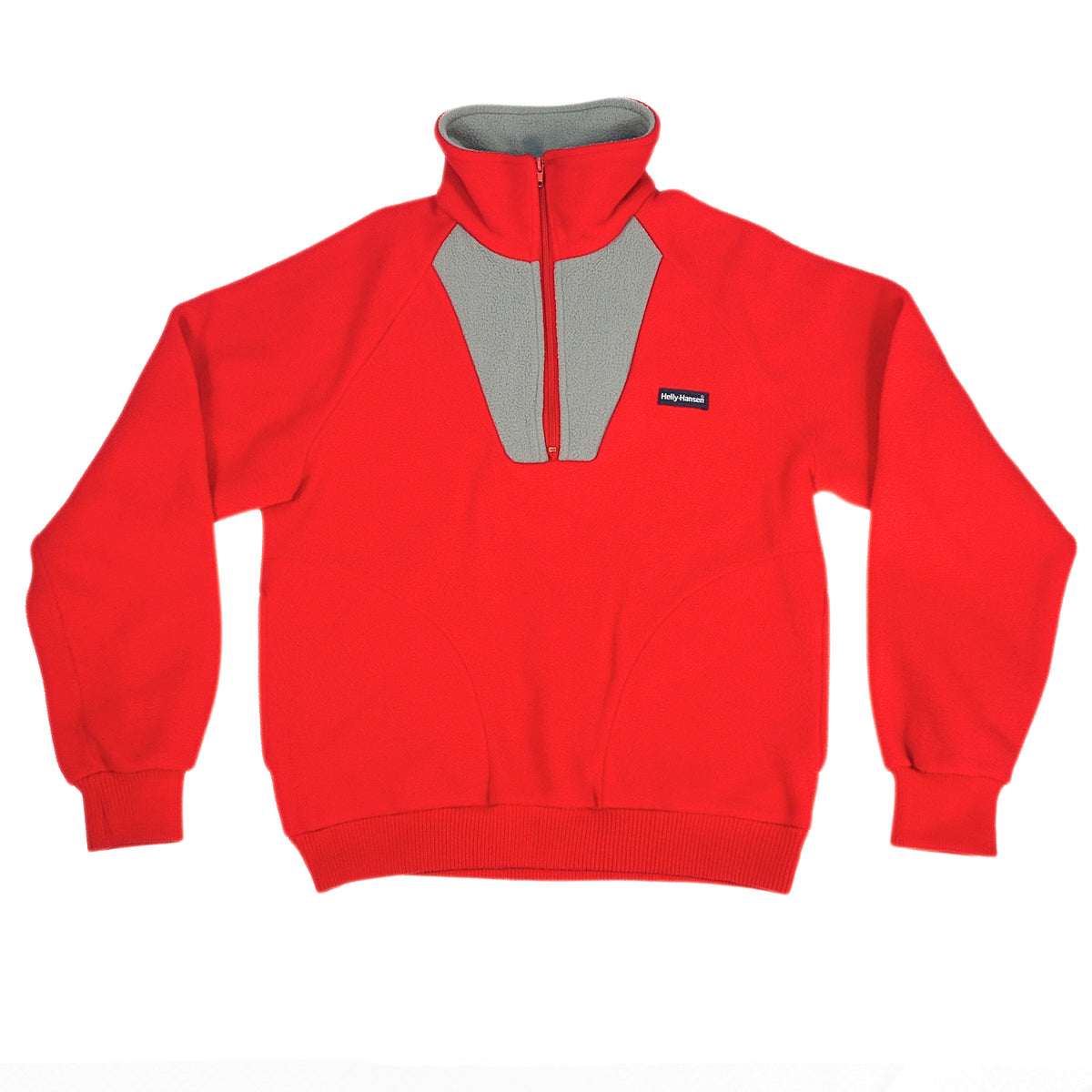 A red quarter-zip sweatshirt with a gray mock neck collar and a gray V-shaped chest panel, featuring a small black and white logo on the left chest.