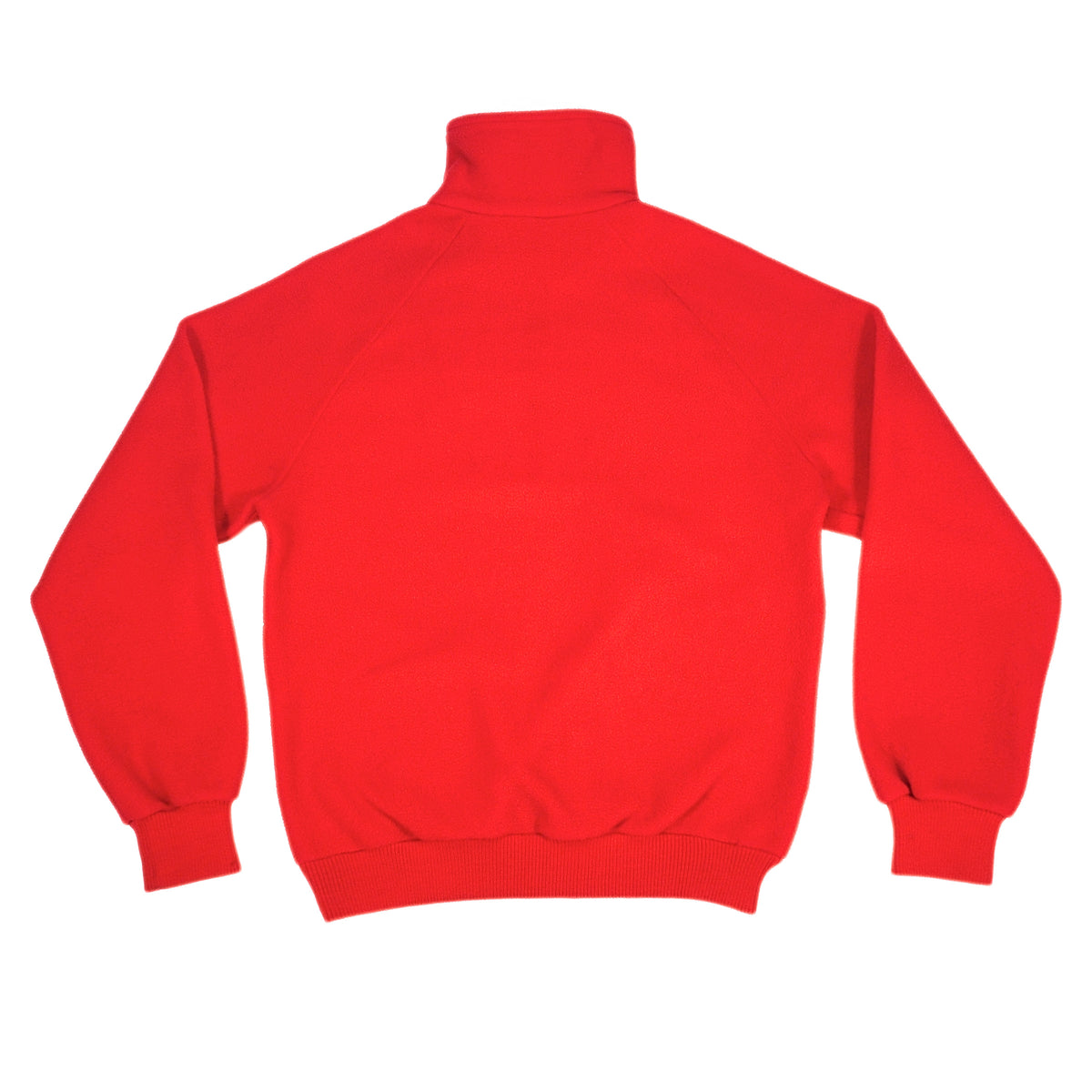 Back view of a red fleece sweatshirt with a mock neck collar on a white background.