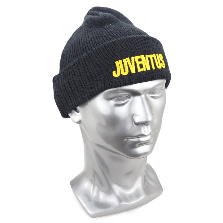 Black beanie with 'Juventus' text on a silver mannequin head against a white background