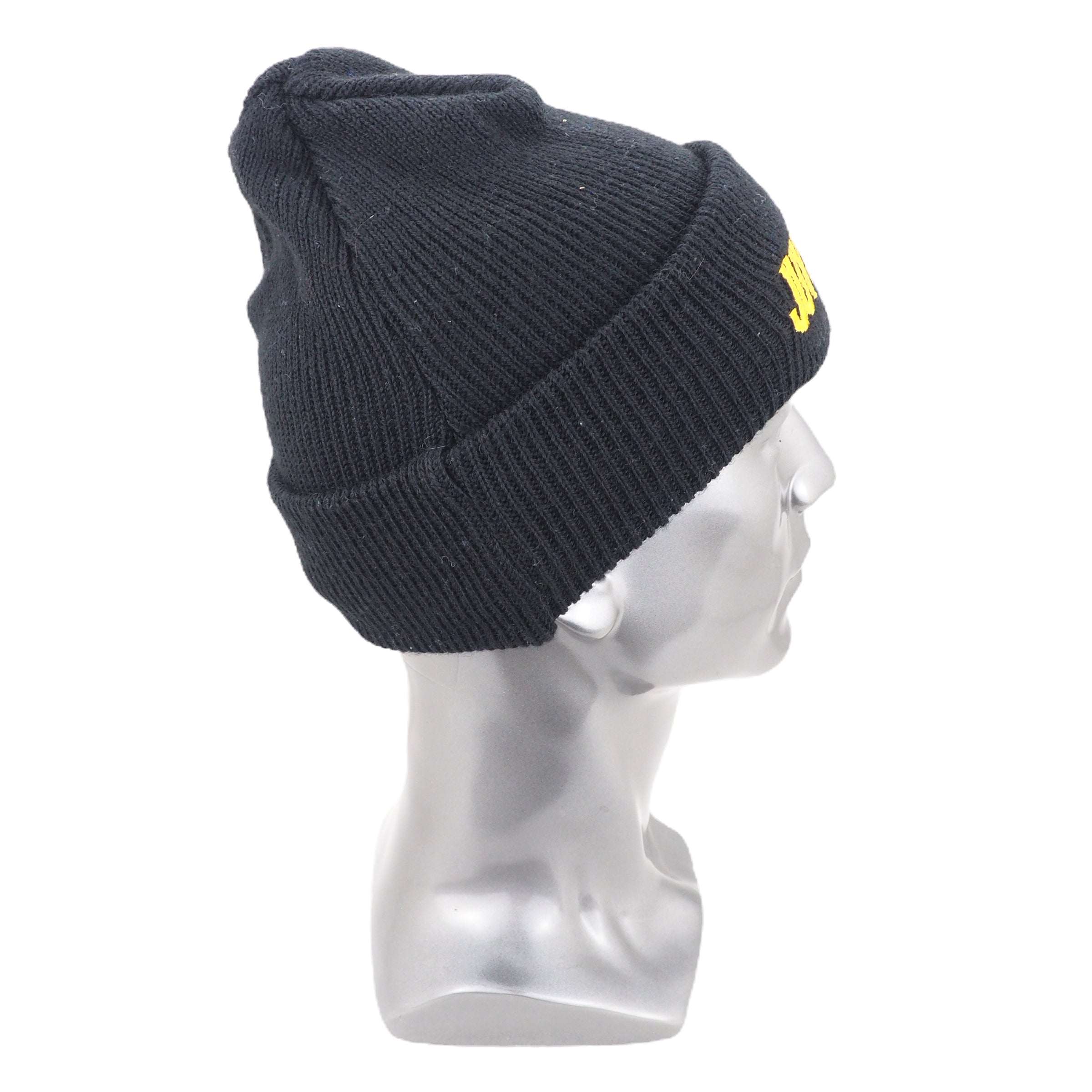 Black beanie with a yellow logo on a mannequin head against a white background