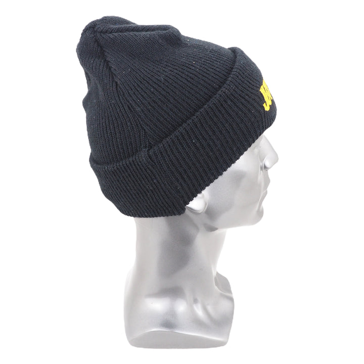 Black beanie with a yellow logo on a mannequin head against a white background