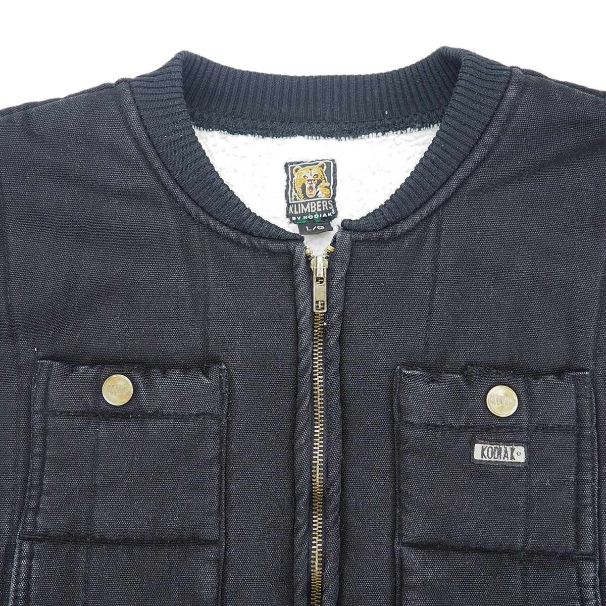 Close-up of a dark charcoal zip-up jacket with a white sherpa lining, featuring two front pockets with brass buttons and a visible Kodak brand tag on the right pocket.
