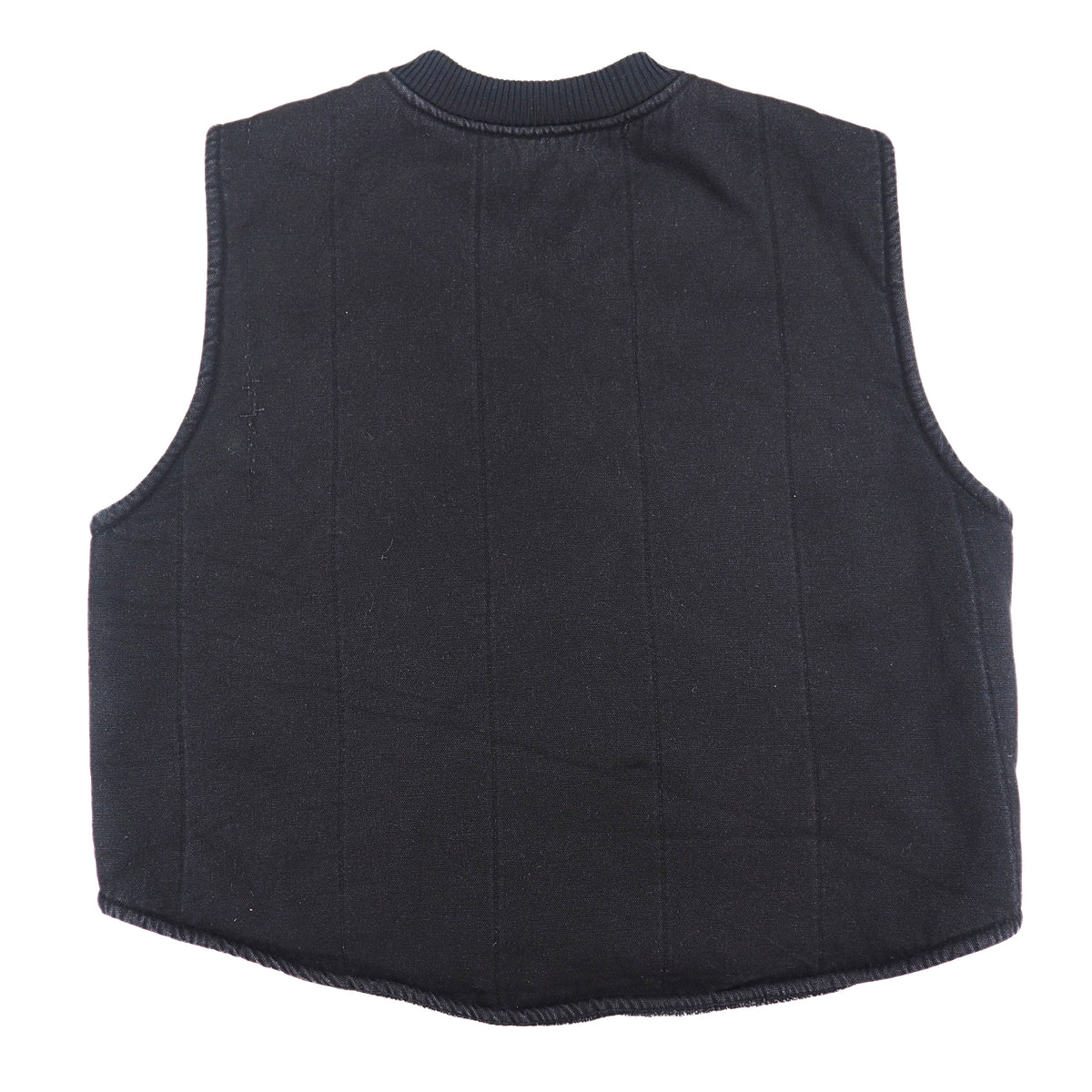 Back view of a textured, quilted black canvas work vest on a white background.