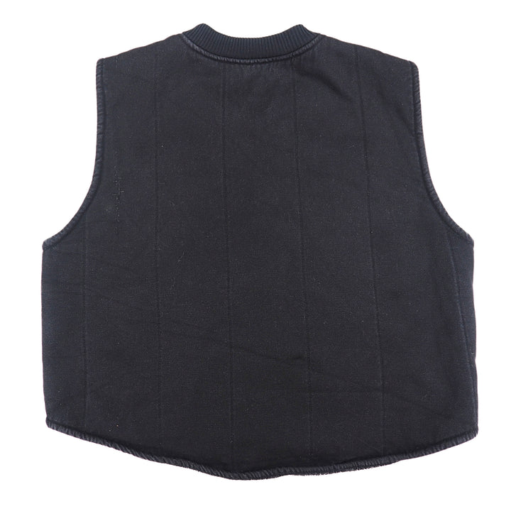 Back view of a textured, quilted black canvas work vest on a white background.