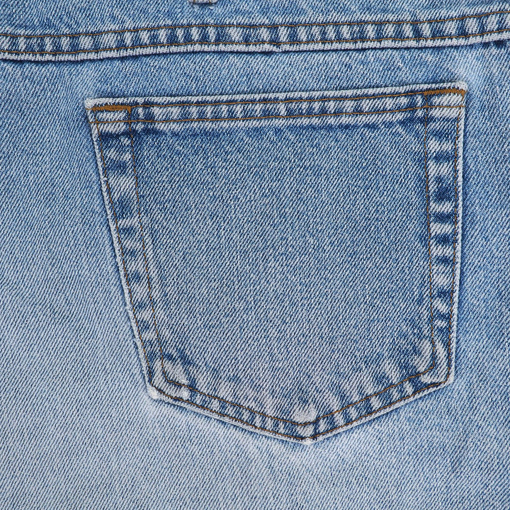 Close-up of a blue denim jean pocket with stitching details