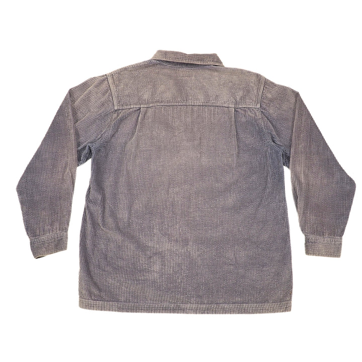 A long-sleeve button-up shirt in a gray and black micro-check pattern, shown from the back against a plain white background.