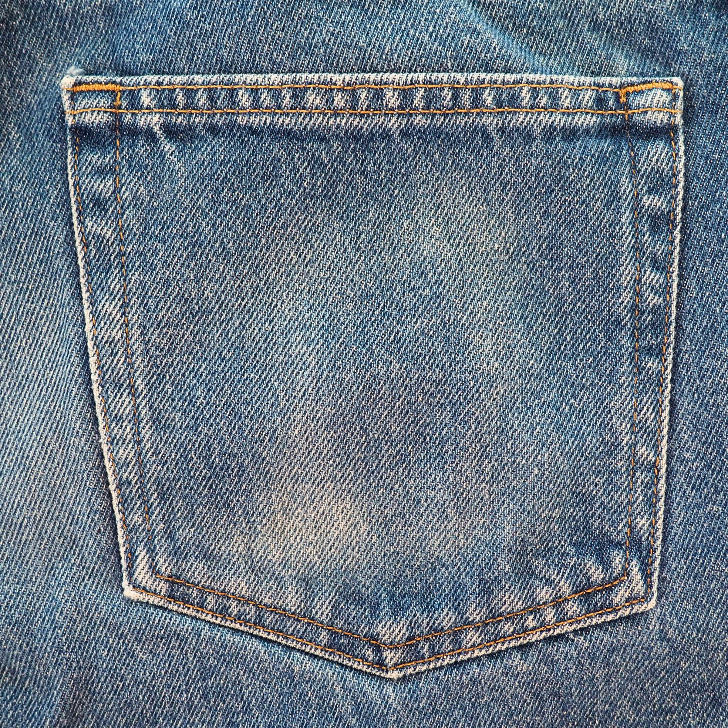 Close-up of a blue denim pocket with stitching details