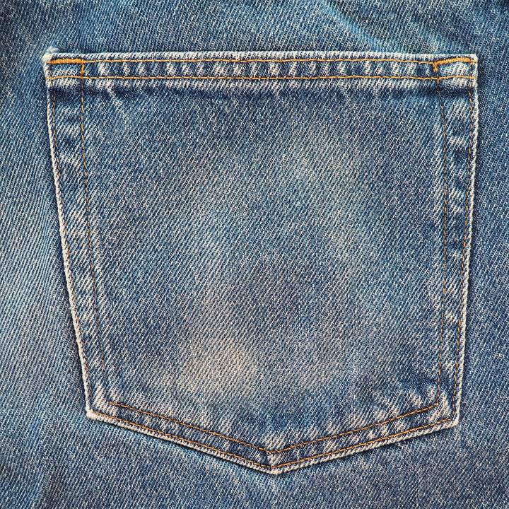Close-up of a blue denim pocket with stitching details