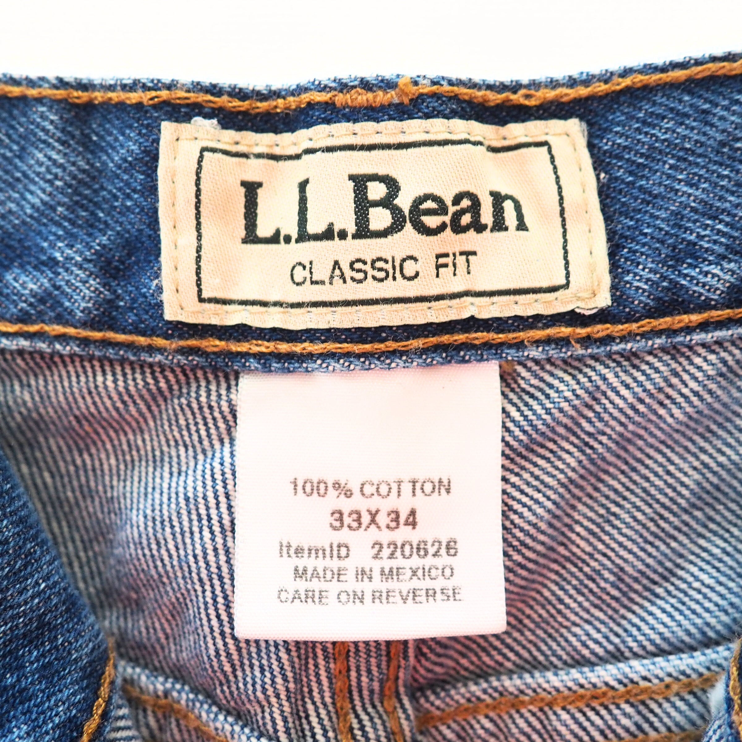 Close-up of L.L.Bean label on denim fabric