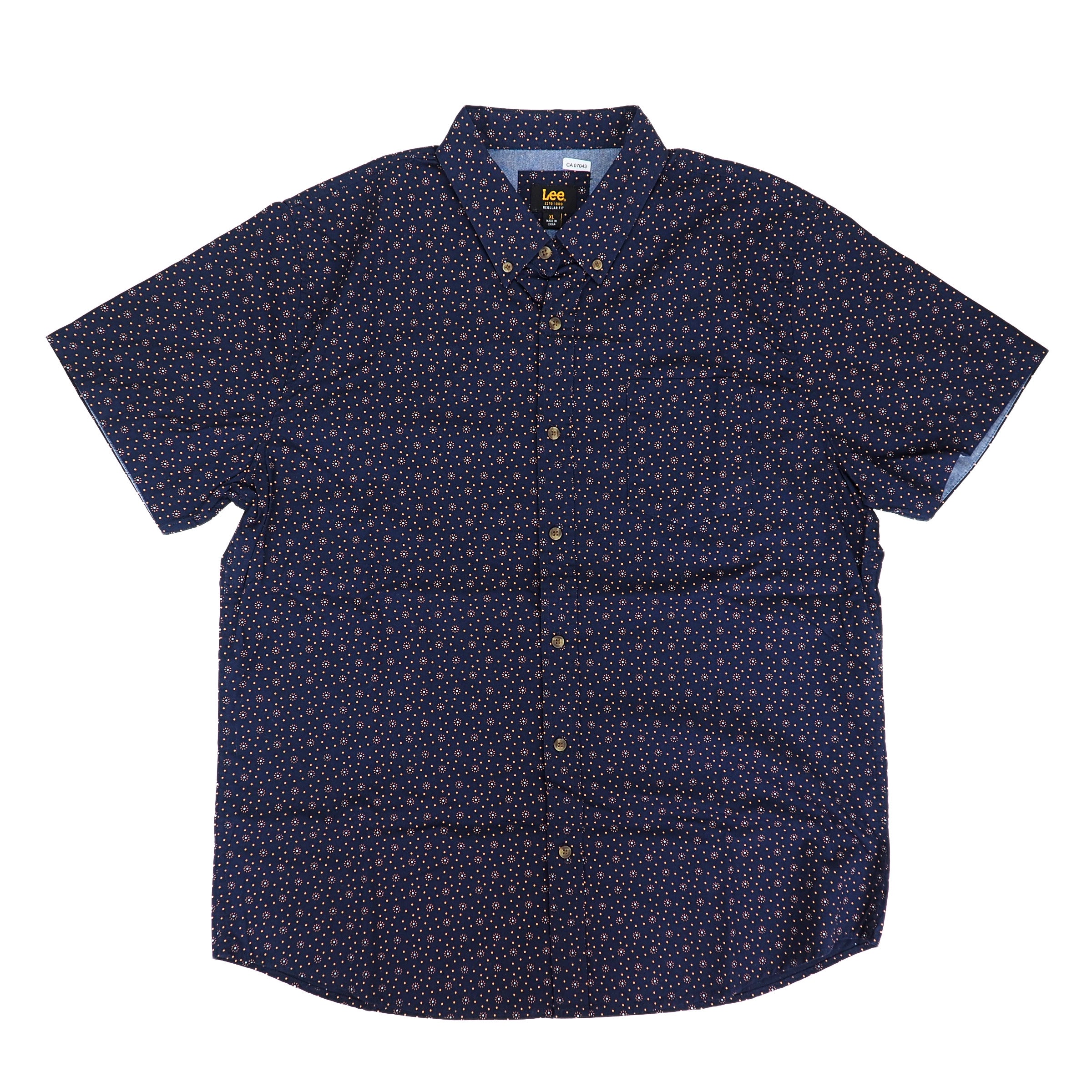 Navy blue short-sleeve shirt with small pattern on a white background