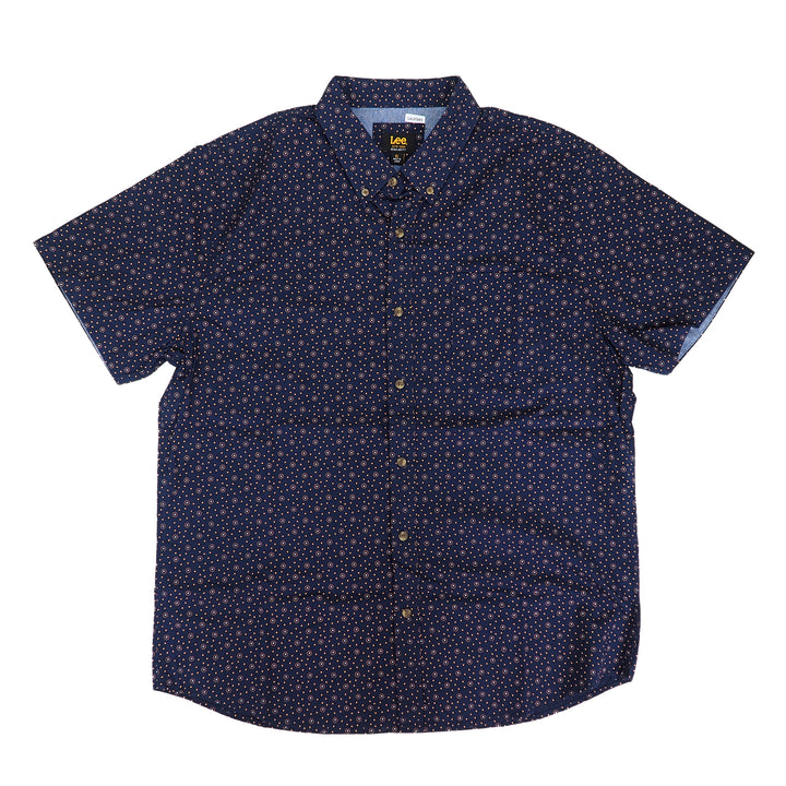 Navy blue short-sleeve shirt with small pattern on a white background
