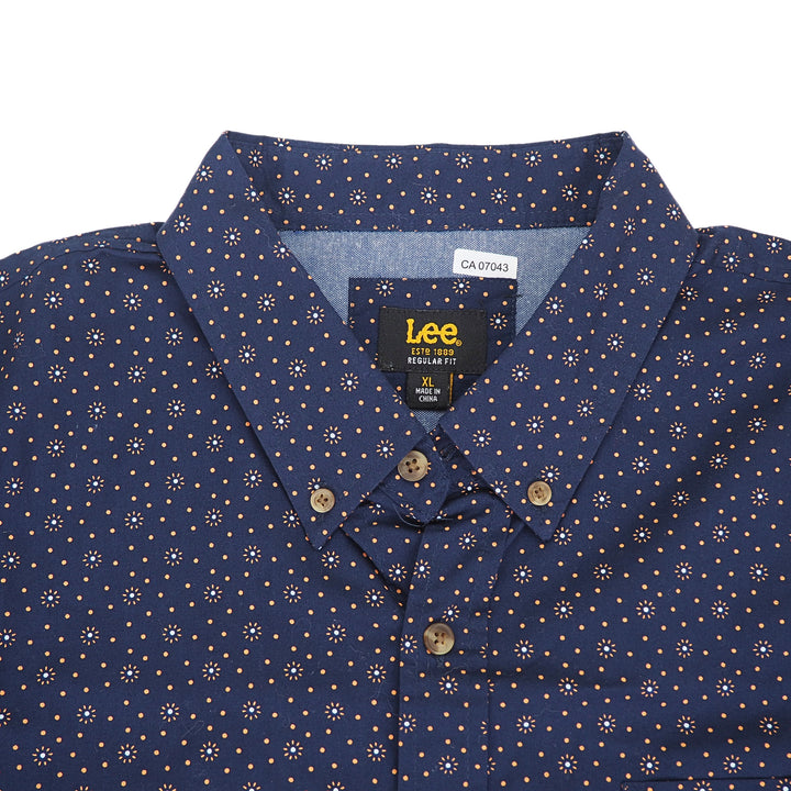 Navy blue shirt with floral pattern and 'Lee' brand label on a white background