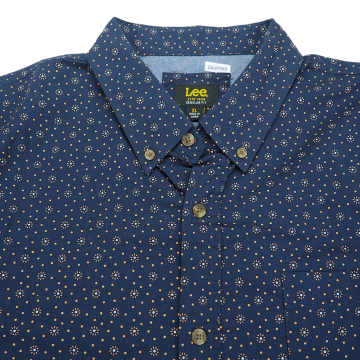 Blue patterned shirt with a Lee label on a white background