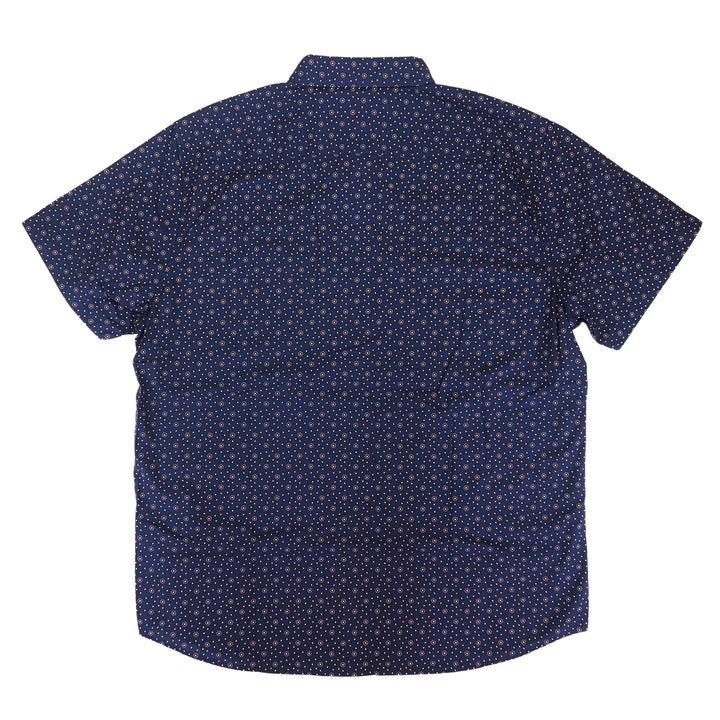 Navy blue short-sleeve shirt with a subtle pattern on a white background