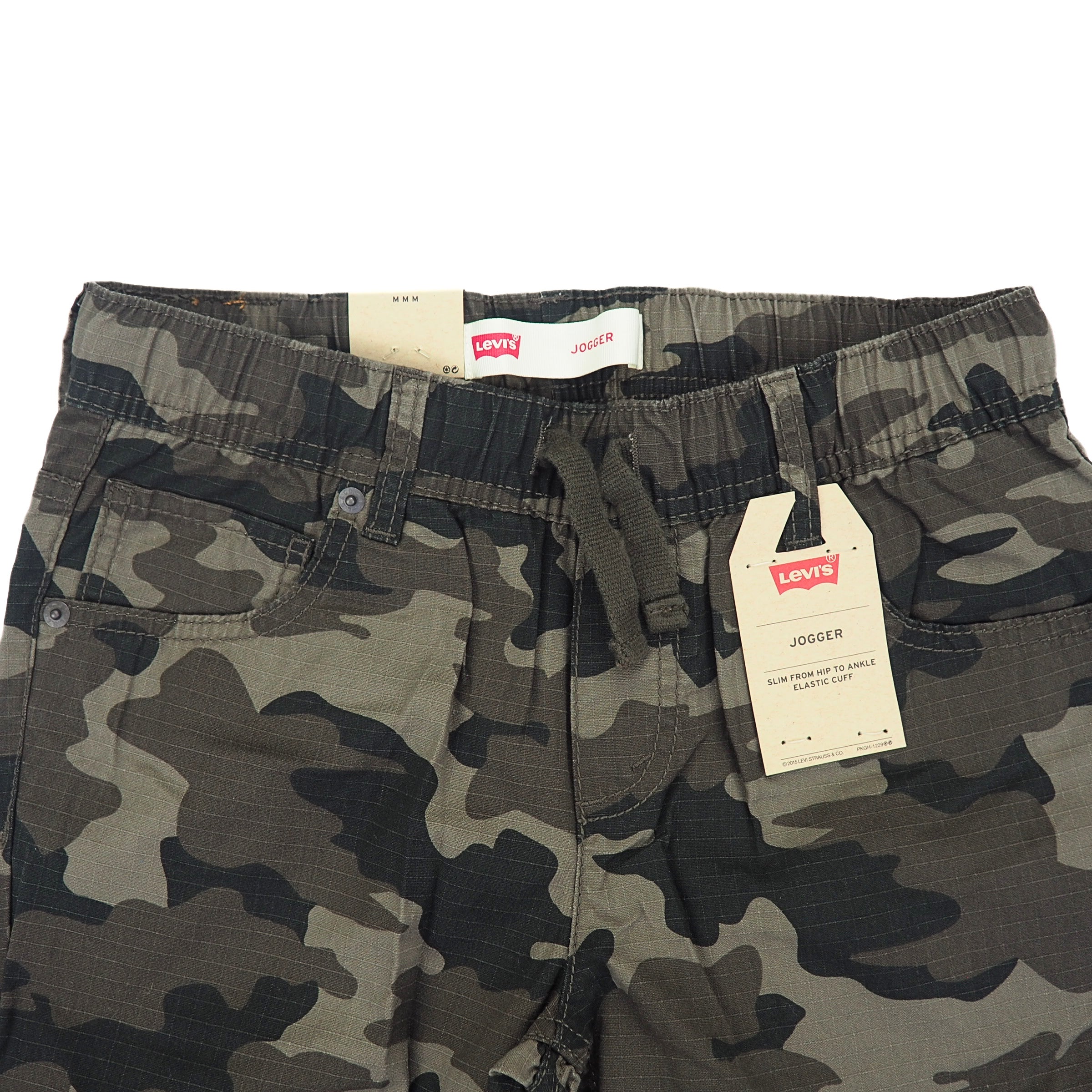 Camouflage pants with Levi's branding on a white background