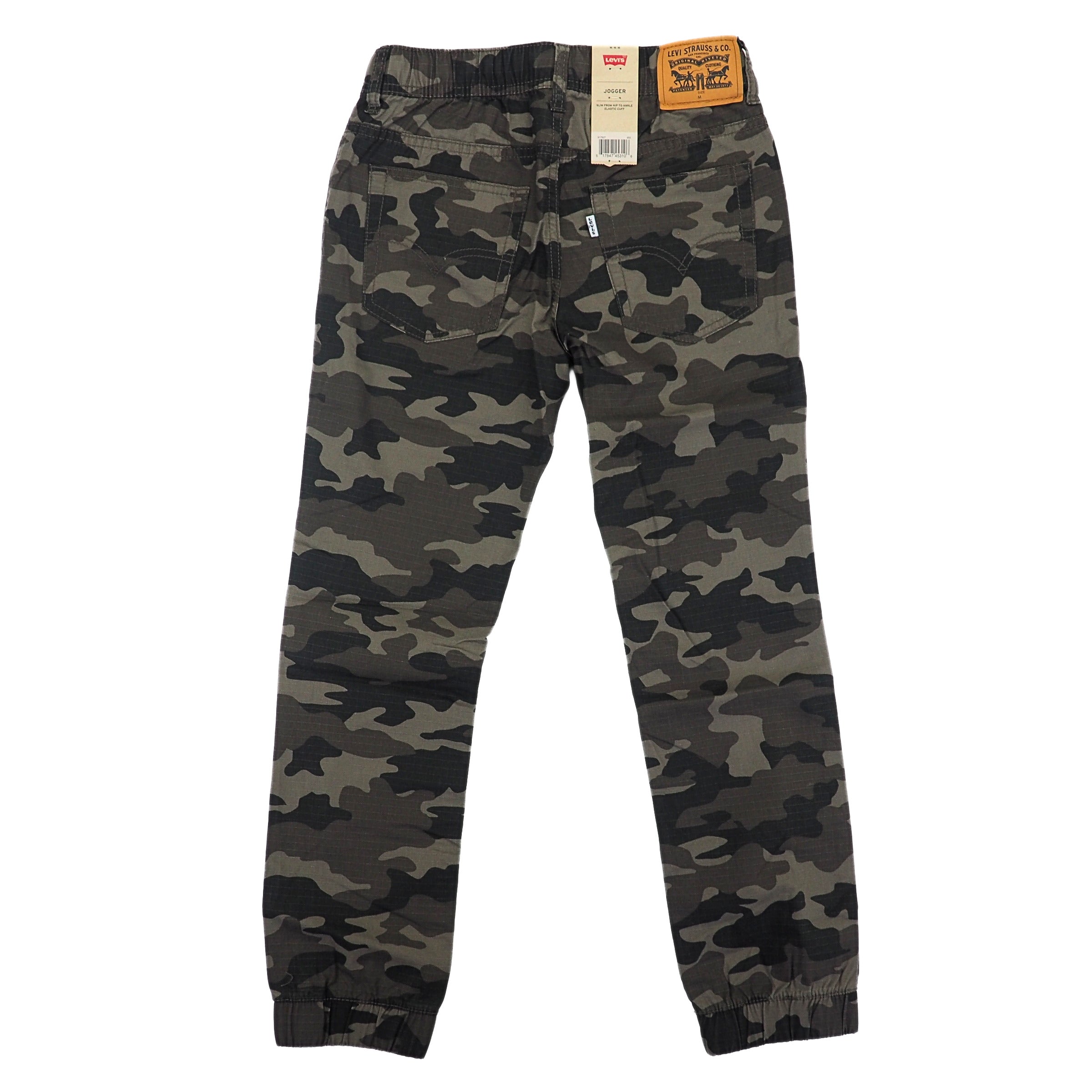 Camouflage pants with a Levi's brand tag on a white background