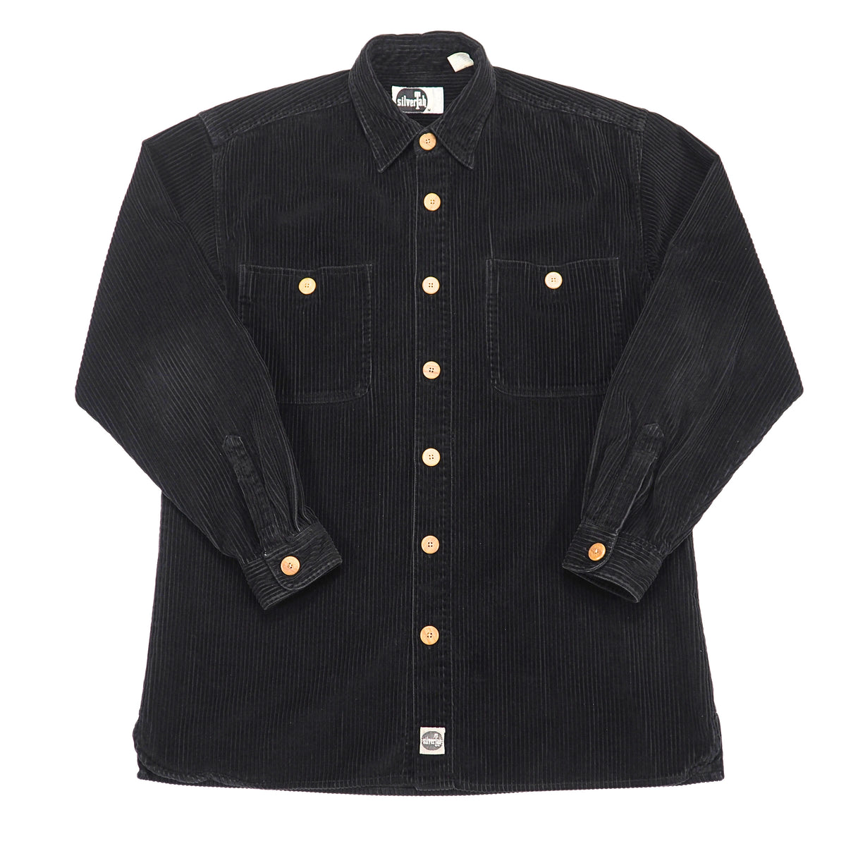 A black corduroy button-down shirt jacket with light brown buttons, featuring two chest pockets and a classic collar, laid flat against a white background.