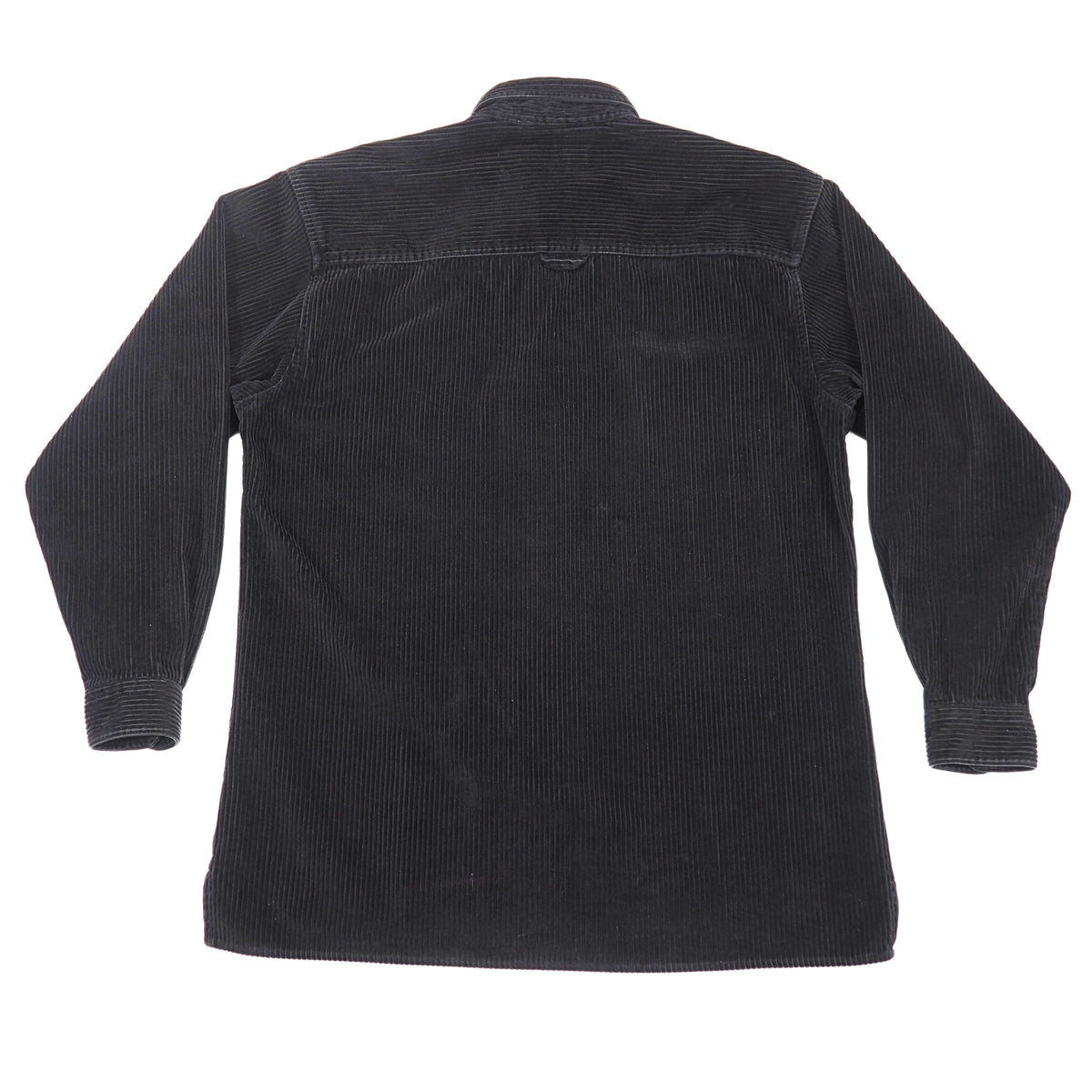 A black corduroy long-sleeve button-up shirt shown from the back, laid flat against a white background.