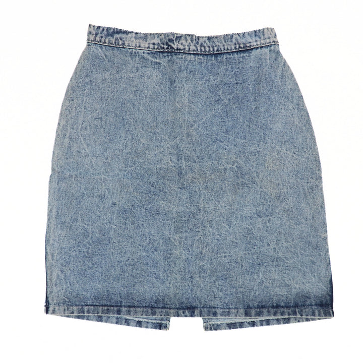 Back view of a light blue denim skirt on a white background.