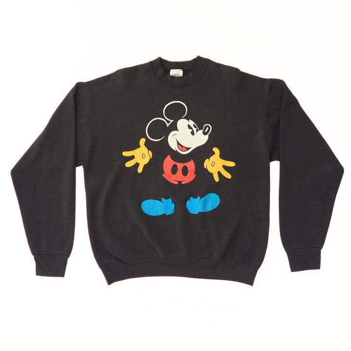 Black sweatshirt with colorful Mickey Mouse design on a white background