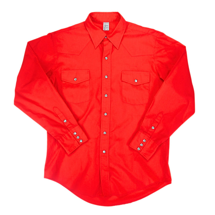 Front view of a red dress shirt in a western style.