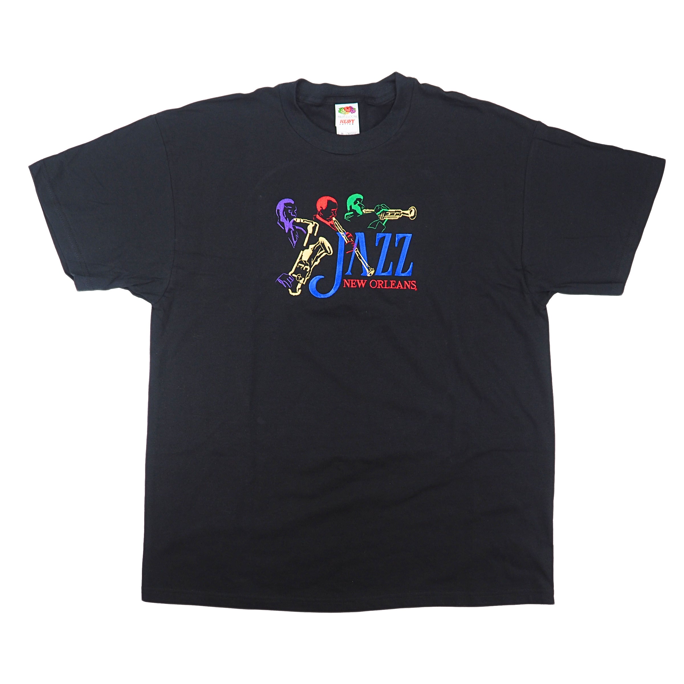 Black t-shirt with colorful 'Jazz New Orleans' design on a white background