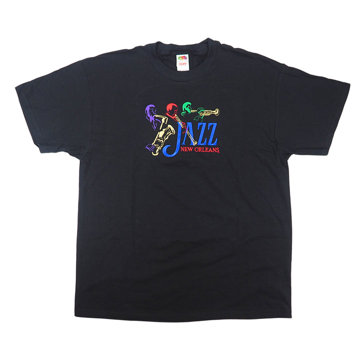 Black t-shirt with colorful 'Jazz New Orleans' design on a white background