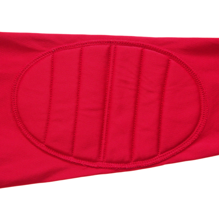 Detail of a elbow padding on a red FC Barcelona goalkeeper training soccer jersey