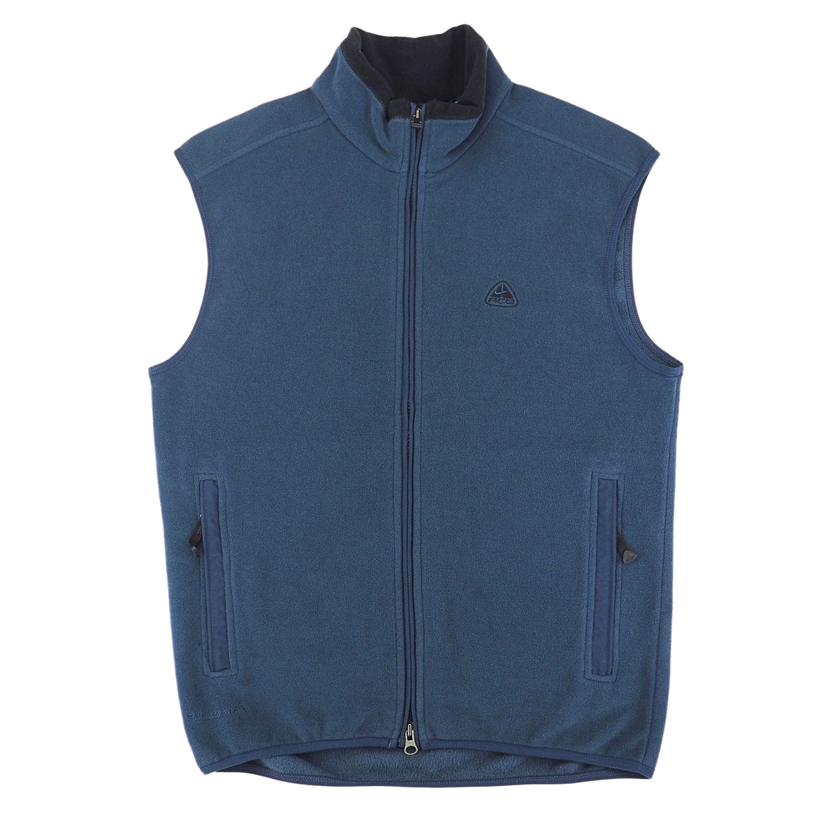 A slate blue fleece vest with a full front zipper, stand-up collar, and two zippered hand pockets, shown against a plain white background.
