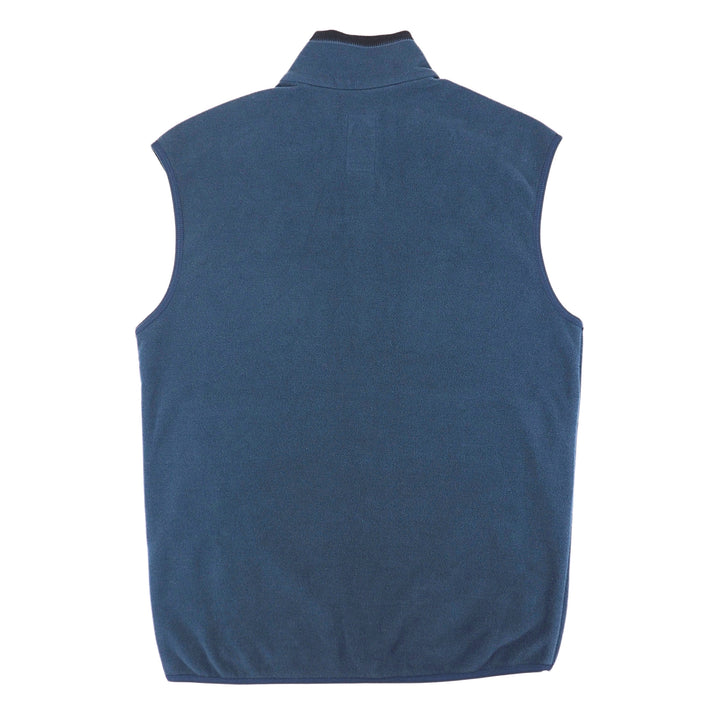 A sleeveless high-collar fleece vest in a heathered slate blue color, shown from the back against a plain white background.