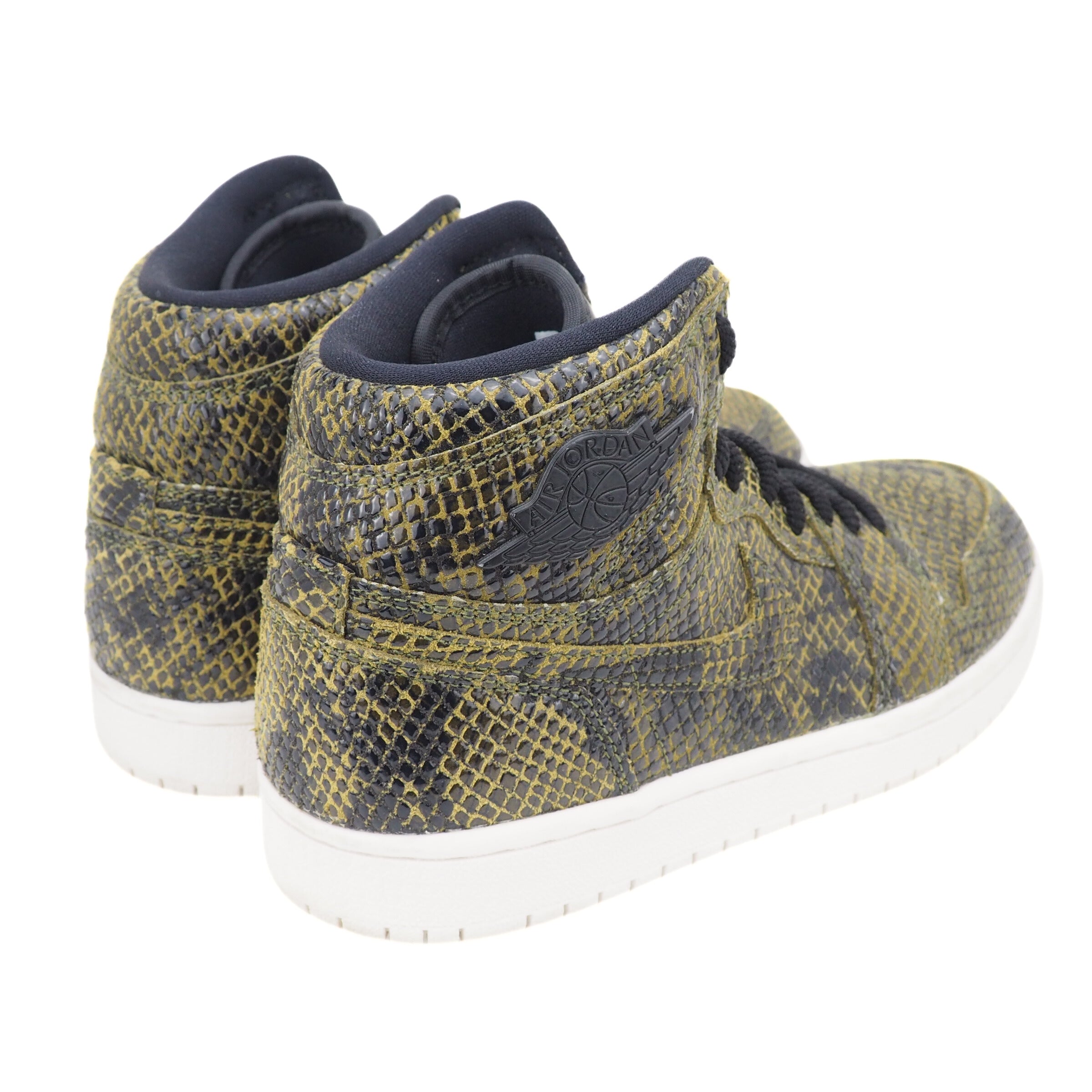 High-top Air Jordan 1 sneakers with snake print pattern on a white background