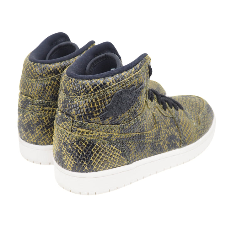 High-top Air Jordan 1 sneakers with snake print pattern on a white background