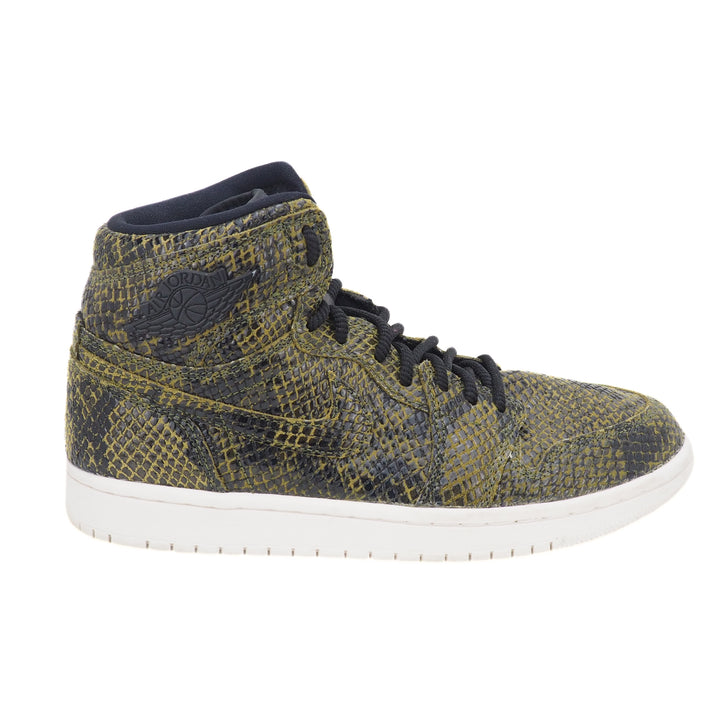High-top Nike Air Jordan 1 sneaker with snake skin pattern on a white background
