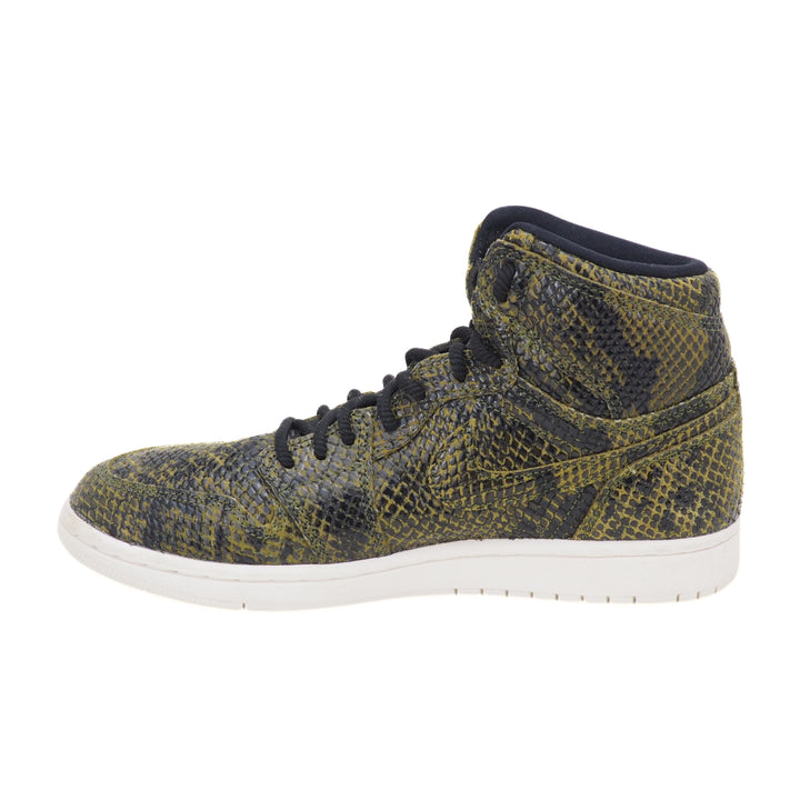 High-top sneaker with snake print pattern on a white background