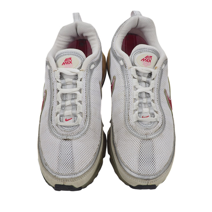 Pair of white Air Max sneakers with red accents on a white background